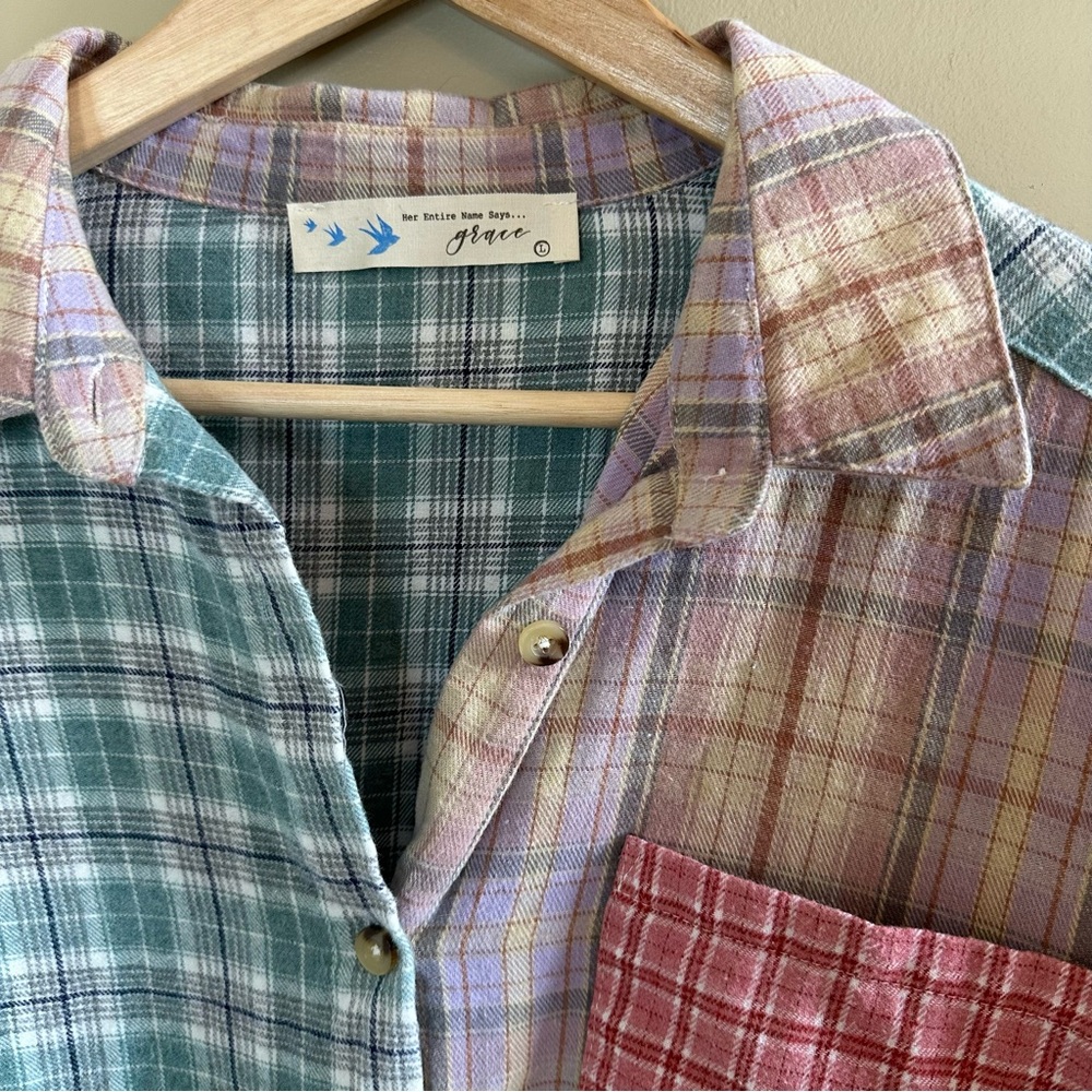 Plaid Patchwork Button-Up Shirt- L - image 3